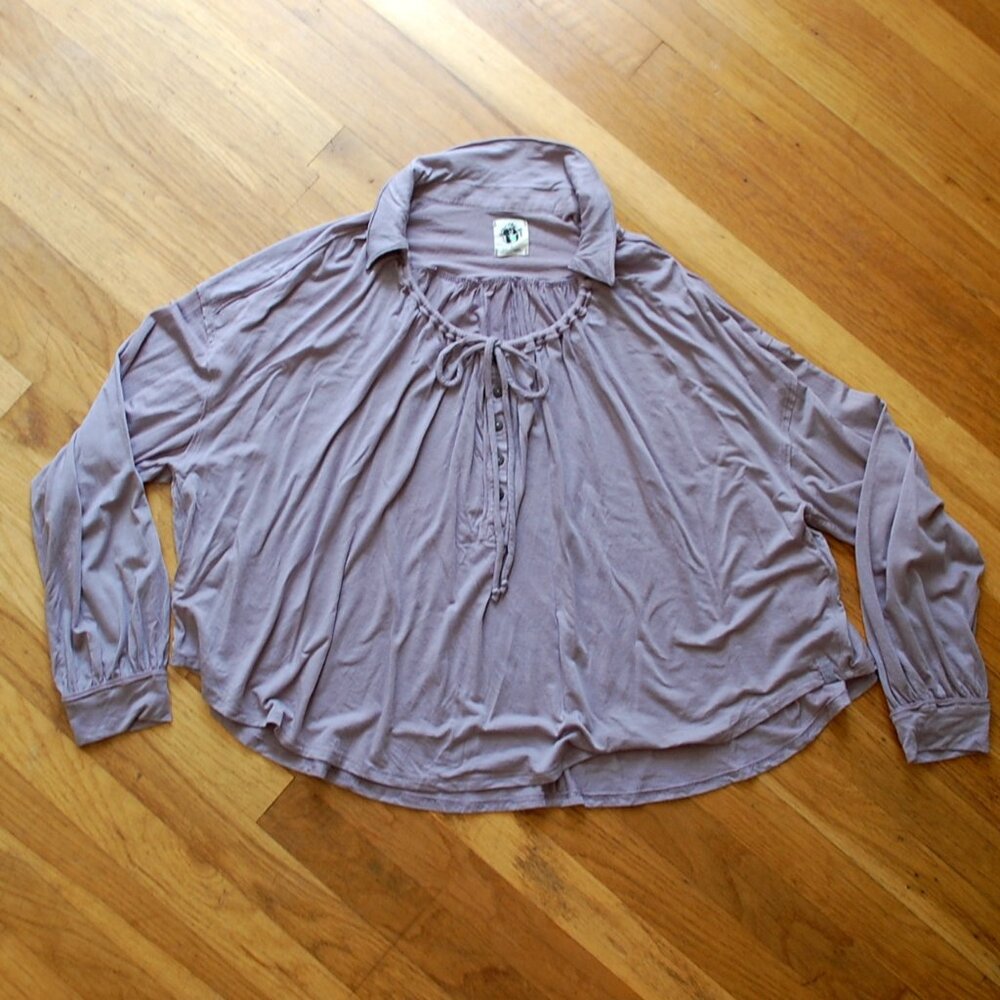 We The Free People Long Sleeve Top Lavender Tencel Oversized Tie Collar